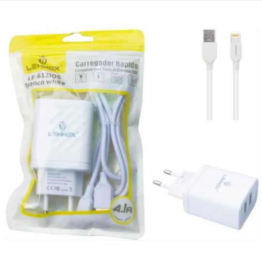 Kit Carregador 2 USB 4.1A + Cabo IOS Lightning - LE-612 IOS