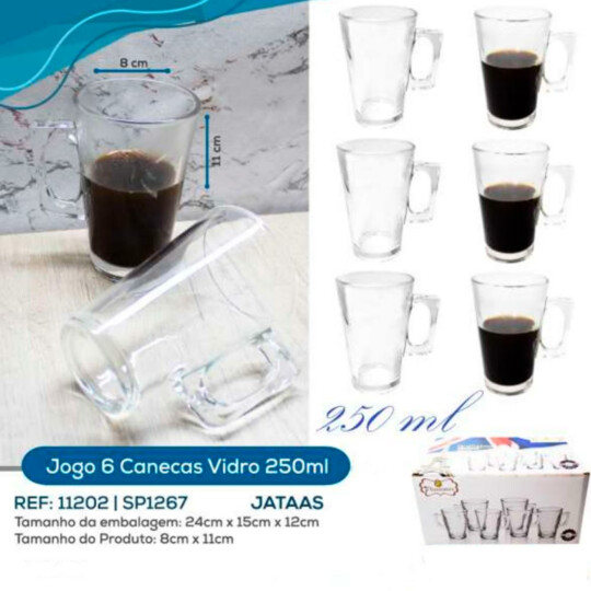 Jogo de Canecas de Vidro para Café 250ml 6 unidades - SP1267