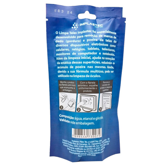 Limpa Telas 60ml com Flanela Blister Implastec - FR_60ML