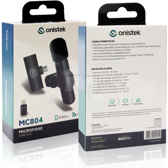 Microfone de Lapela sem Fio Type-C e Lightning para Smartphone Android e IOS - ON-MC804