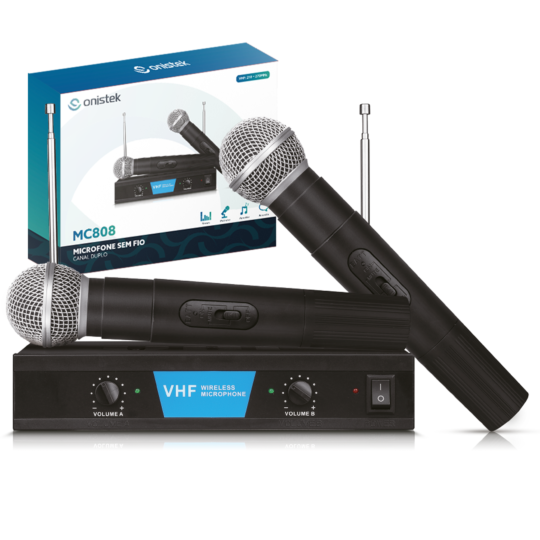 Microfone Sem Fio Dinâmico Profissional VHF Canal Duplo Onistek - ON-MC808