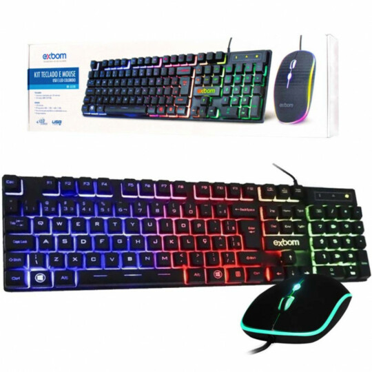 Kit Teclado e Mouse Com Fio USB Com LED RGB ABNT Ii-padrão Brasileira Exbom - BK-G550