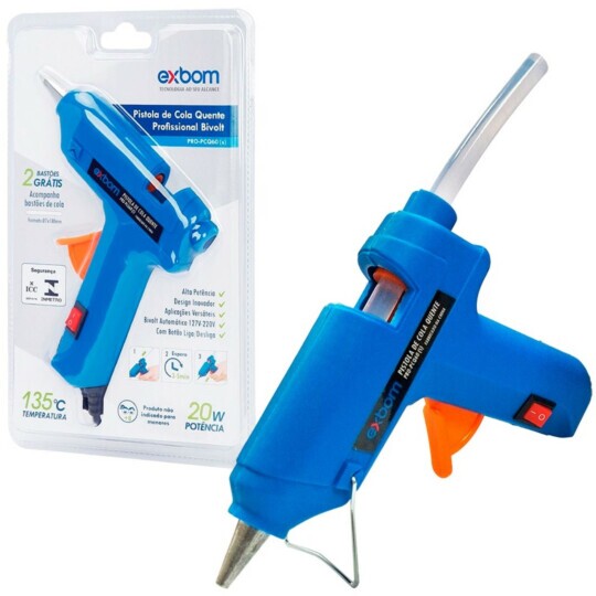 Pistola de Cola Quente Bi-Volt 135°C Com Interruptor 2 + Bastões de Cola Exbom