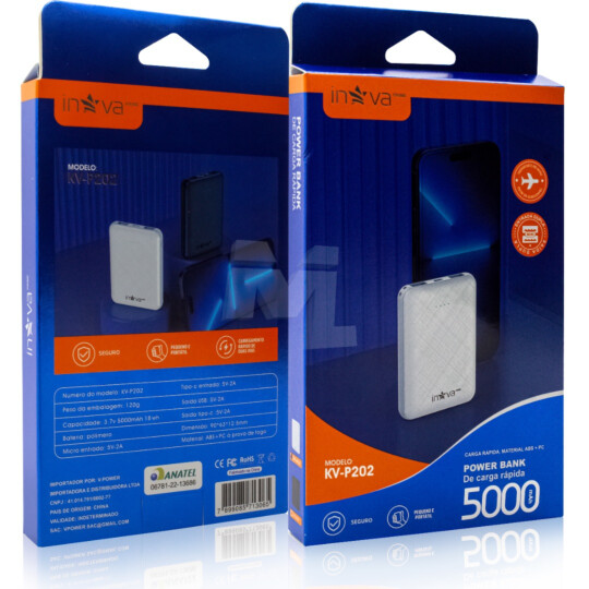 Power Bank Carregador Portátil Slim 5.000mAh 2 Usb INOVA - KV-P202