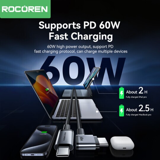 Cabo USB-C Rocoren Kaijia Data USB C p/ USB C 60W 1M - RCXCTT-KJ0G