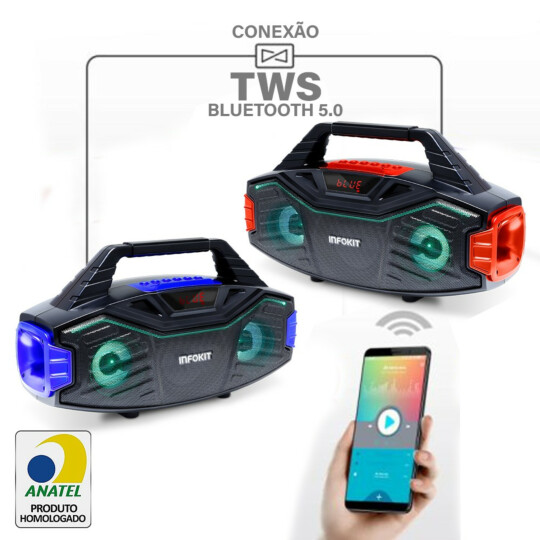 Mini System Wireless Bluetooth Portátil 15W Extra Bass Karaokê/FM/USB/TF LED Multicolorido Infokit - VC-M410BT