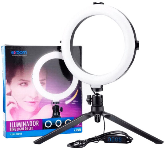 Iluminador Ring Ligth 8 Polegadas para Foto e Vídeo 72 Leds Dimerizável 3200k a 5600k Com Tripé Exbom - ILUM-R08W08
