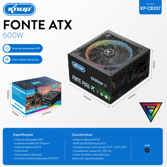 Fonte de Alimentação ATX 600W Bivolt Manual com Led RGB - KP-535RGB