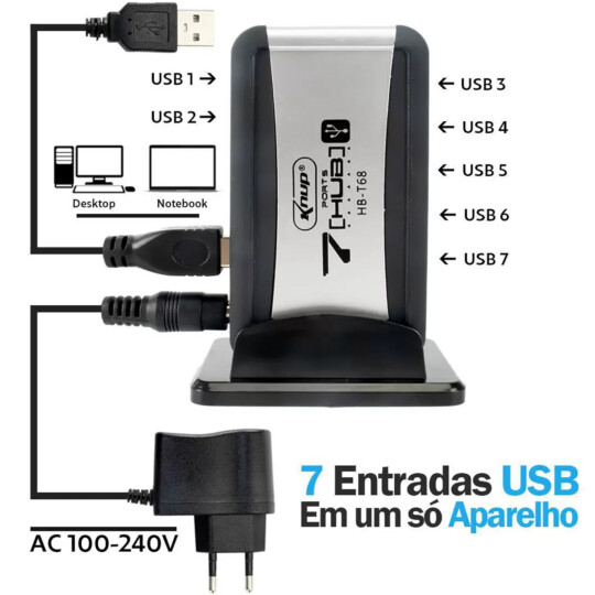 Hub Usb 2.0 com 7 Portas 480mbps Formato Torre Com Fonte Knup - HB-T68