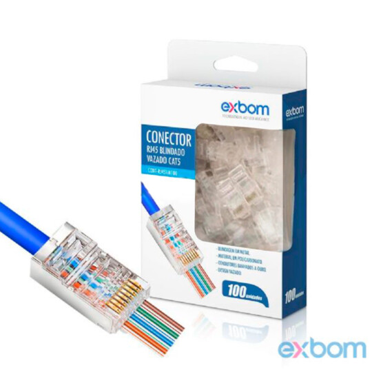 Conector Blindado de Rede EZ-RJ45 Vazado CAT5E EZ Pacote com 100UN EXBOM - CONT-RJ45VM100