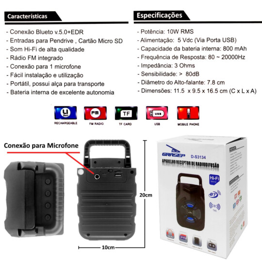 Caixinha de Som Portátil Hi Fi USB Bluetooth FM Cartão Luzes- D-S3134