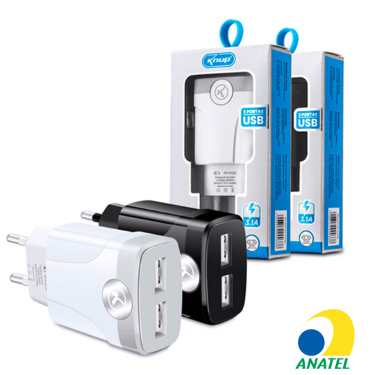 Carregador de Celular 3.1A com Selo Anatel 2 Portas Usb e Cabo Lightning KNUP - KP-IC020/I