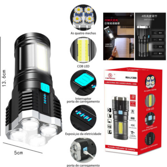 Lanterna Ultra Potente com Led Lateral e 4 Leds Indicadores de Bateria KAPBOM - KA-L1300