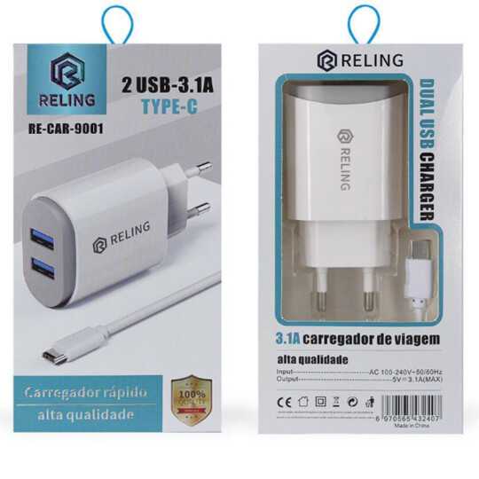 Carregador de Celular com 2 Portas USB + Cabo Type C - RE-CAR-9001