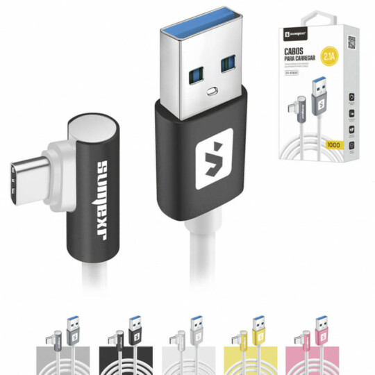 Cabo Usb para Type C Ponta 90°Acabamento Emborrachado Sumexr - SS-B9-C