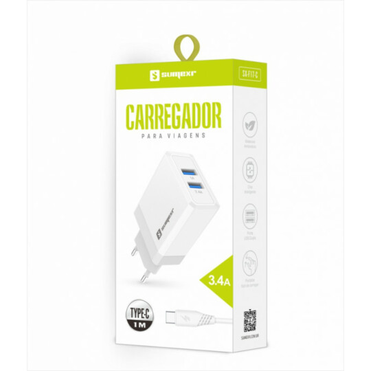 Carregador com 2 Entradas Usb 3.4A com Cabo para Type C Sumexr - SX-F17-C