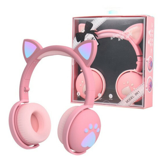 Fone De Ouvido Bluetooth Orelha De Gato Rosa With Light - BK1