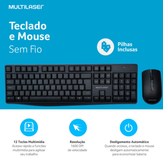 Kit Teclado e Mouse Sem Fio Slim Conexão USB + Pilhas inclusas Multilaser - TC270