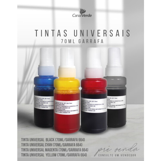 Refil Tinta Universal Preta para HP/Epson Garrafa 70ml EVOLUT - ET664 PRETA