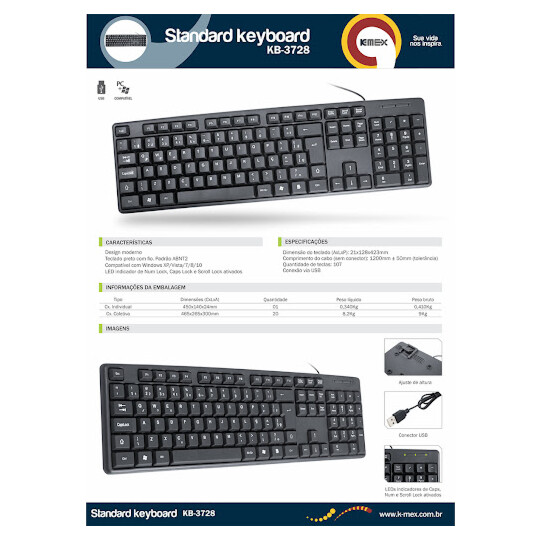 Teclado Standard K-Mex Usb ABNT2 Preto - KB-3728