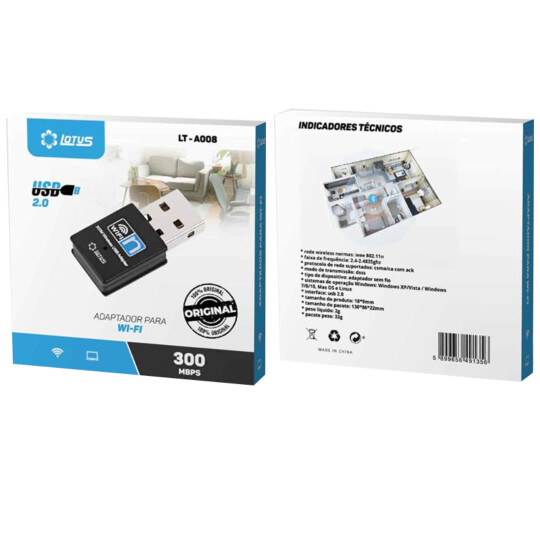 Mini Adaptador USB Wifi 300Mbps LOTUS - LT-A008