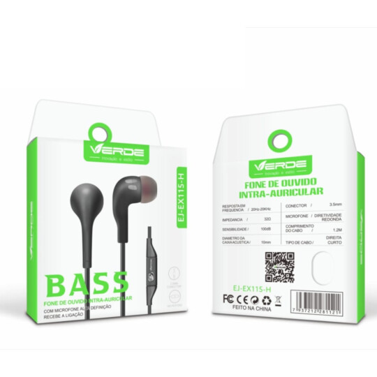 Fone de Ouvido com Microfone Intra Auricular Plug 3,5mm Verde - EJ-EX115-H