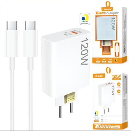 Carregador de Celular Turbo 120w PD USB com Cabo Type-C 1M LEHMOX - LE-626 A+C