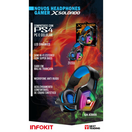 Headset Gamer LED RGB com Fio e Microfone Articulado Vermelho Infokit - GH-X2000
