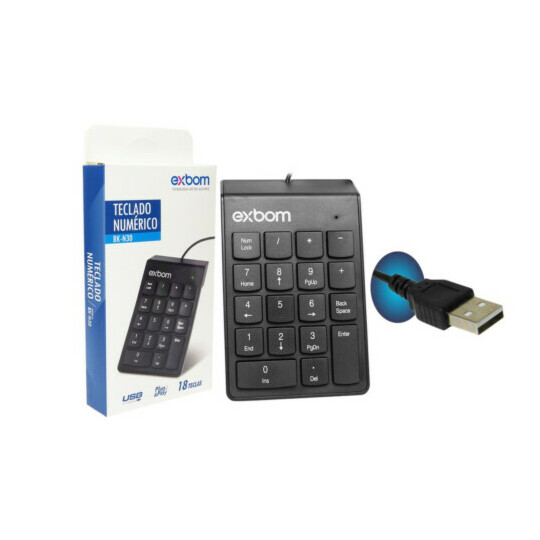 CAIXA FECHADA 100 Unidades Teclado Númerico Com Fio Usb 2.0 18 Teclas EXBOM - BK-N30