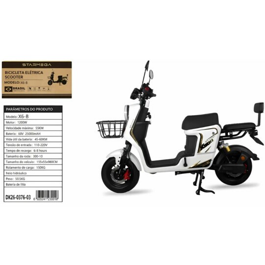 Bicicleta Elétrica Branca Scooter Bivolt 1200w 60V X6-B