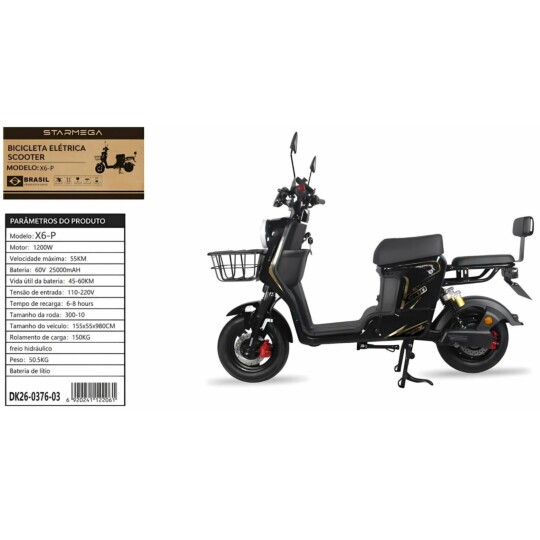 Bicicleta Elétrica Scooter Bivolt 1200w 60V 25000mAH X6-P