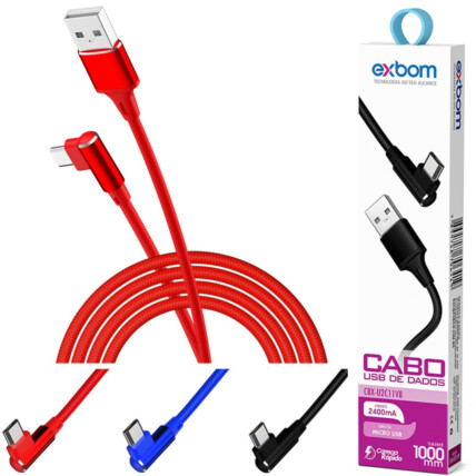 Cabo V8 Micro USB 90° Curvo 2.4A 1 Metro Turbo para Dados e Carregamento 03803 EXBOM - CBX-U2C11V8