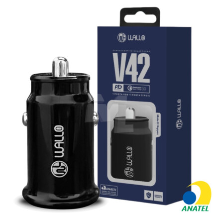 Carregador Veicular Quick Charge 3.0 com Entrada Usb + Type-C WALLO - V42