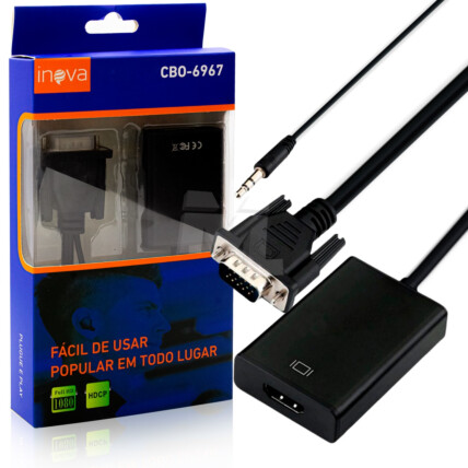 Cabo Conversor VGA Macho para HDMI Fêmea com Áudio P2 INOVA - CBO-6967
