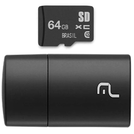 Kit 2 em 1 Multilaser Leitor USB + Cartão De Memória Micro SD  Classe 10 64GB Preto - MC164