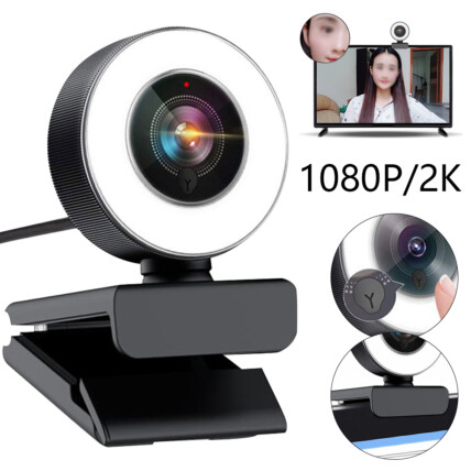 Webcam Full HD 1080P 2K com Microfone e Iluminação LED Ring Light Verde - SXT-003