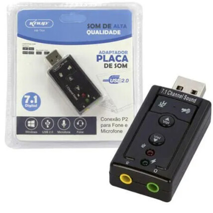 Placa de Som USB 7.1 Digital P2 para Fone e Microfone KNUP - HB-T64